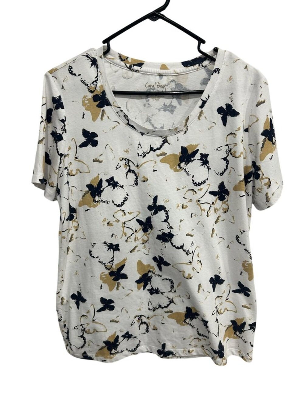 Coral Bay Large White Butterfly Print Short Sleeve Tee Cotton Blend Modern Chic